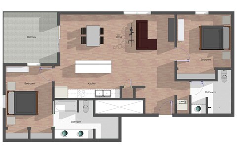 Floor plan for 2 beds, 2 baths, 1137 sqft
